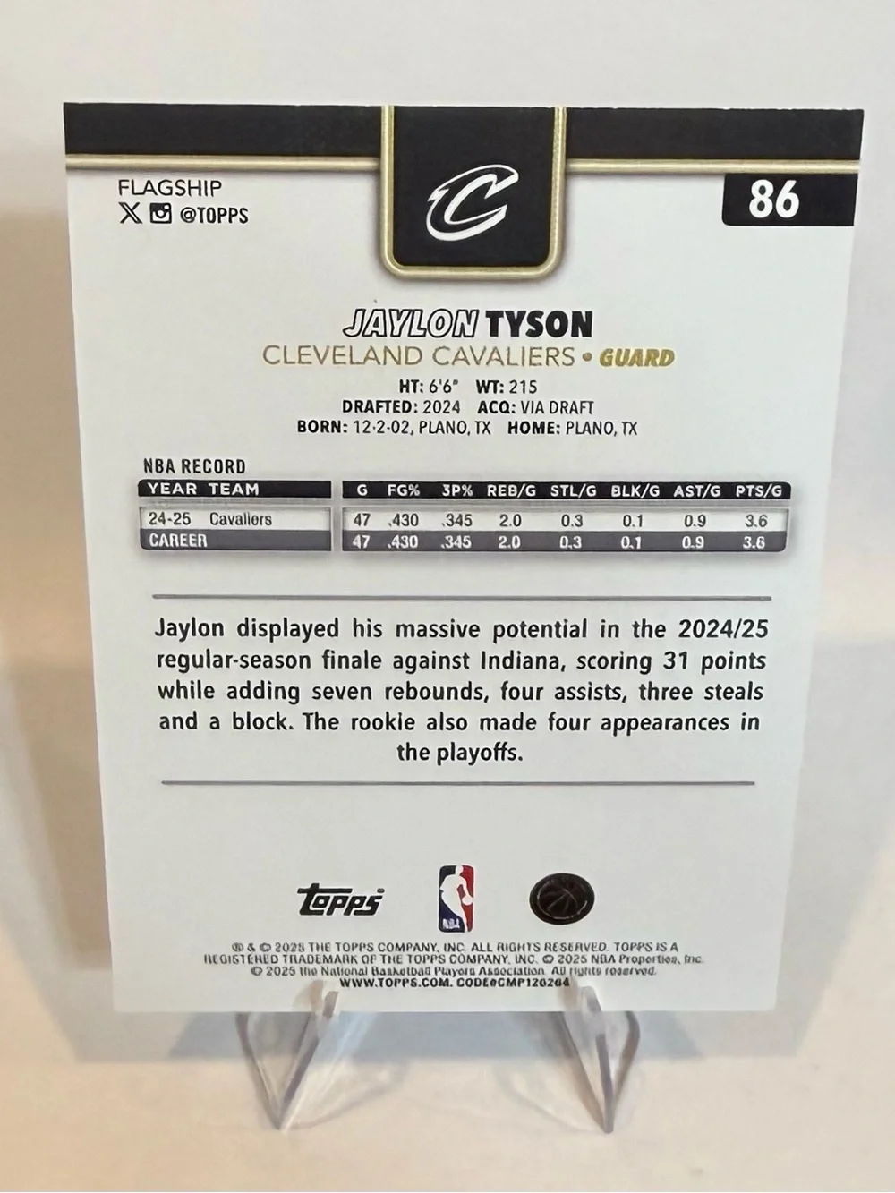 2025 Topps # 86 Jaylon Tyson Cleveland Cavaliers Card - Black, White, Gold - Picture 2 of 2